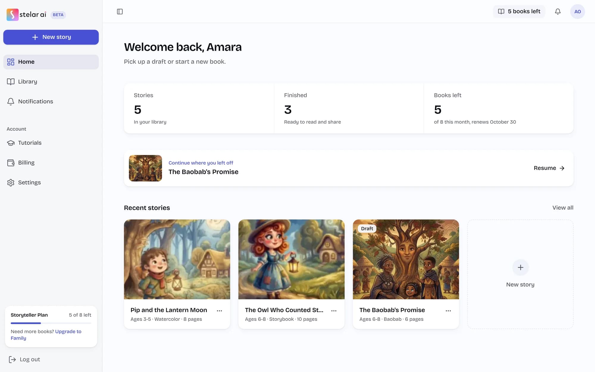 The Stelar dashboard showing a library of illustrated storybooks